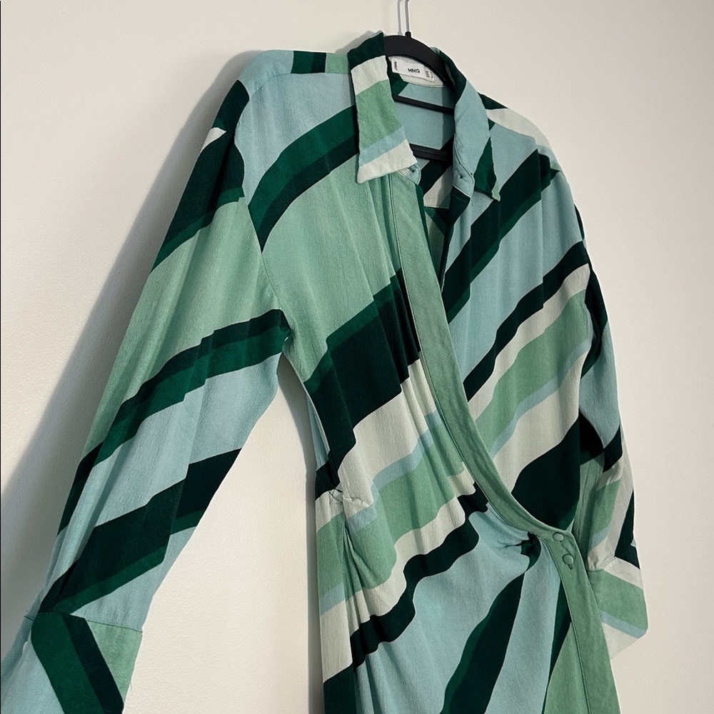 MNG Green Striped Wrap Dress Midi Satin Look Spring Summer Minimalist Women’s M - Picture 6 of 9